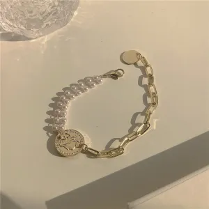 Double-layer Pearl Portrait Gold Coin Temperament Simple And Versatile Bracelet