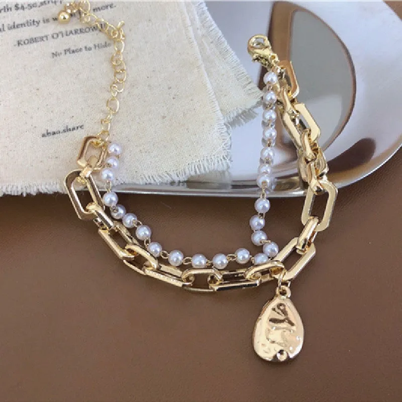 Double-layer Pearl Portrait Gold Coin Temperament Simple And Versatile Bracelet