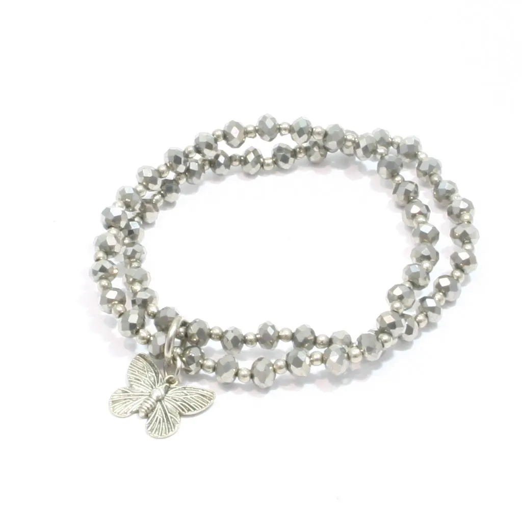 Double Strand Crystal Bracelet With Butterfly - Grey