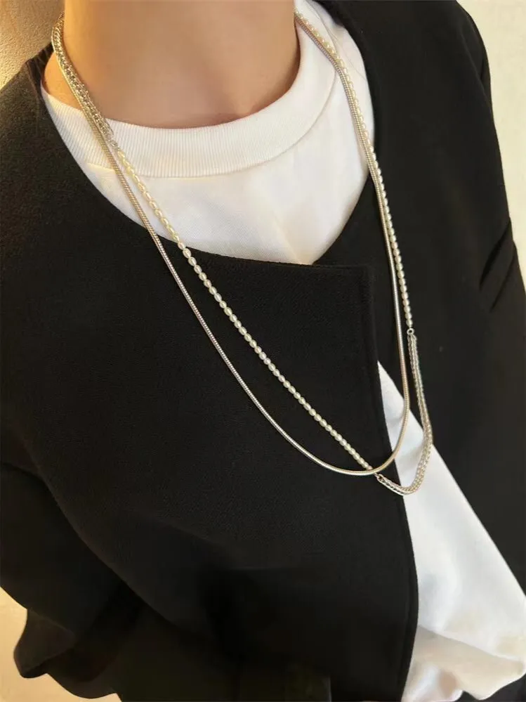 Elegant Long Chunky Chain Splicing Pearl Onyx Necklace