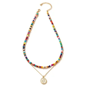 European and American Rainbow Beaded Necklace Set with Collarbone Chains