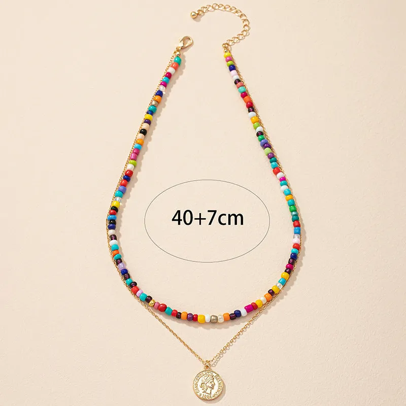 European and American Rainbow Beaded Necklace Set with Collarbone Chains