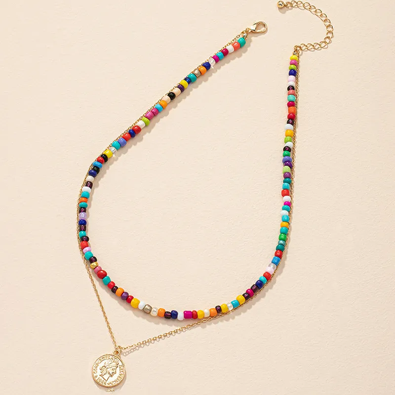 European and American Rainbow Beaded Necklace Set with Collarbone Chains