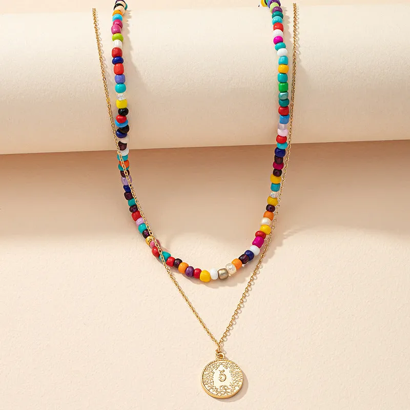 European and American Rainbow Beaded Necklace Set with Collarbone Chains