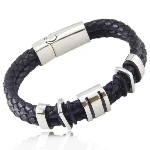 Fashion Genuine Leather Jewelry Punk Rock 316L Stainless Steel Weave Leather Bracelets & Bangles Men's Jewelry