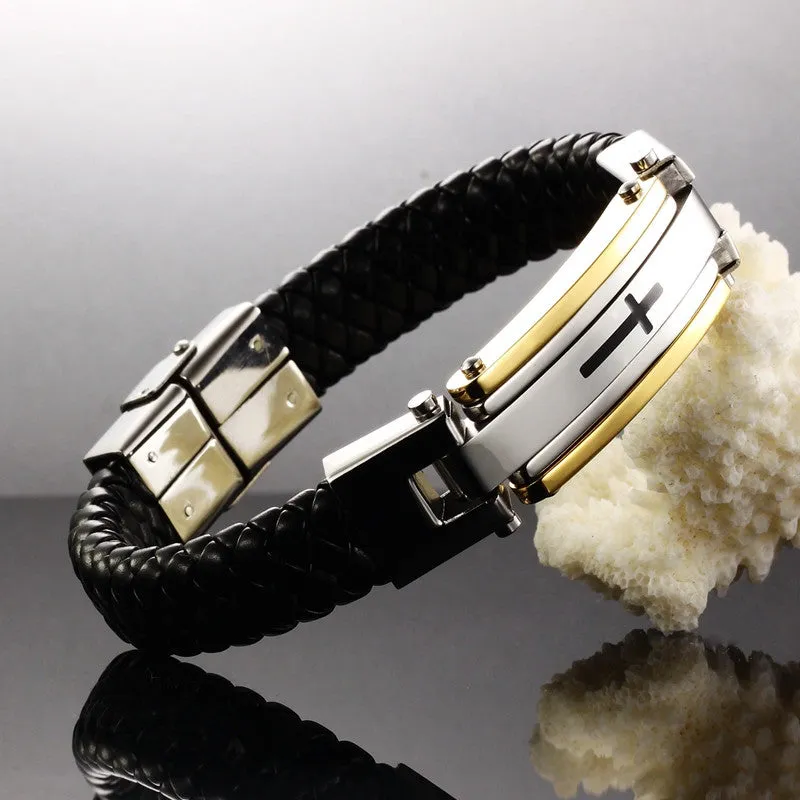 FASHION Men Jewelry Cross Leather Rope Chain Stainless Steel Bracelet Vintage Bangles Man Punk Accessories Pulseras