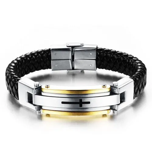 FASHION Men Jewelry Cross Leather Rope Chain Stainless Steel Bracelet Vintage Bangles Man Punk Accessories Pulseras