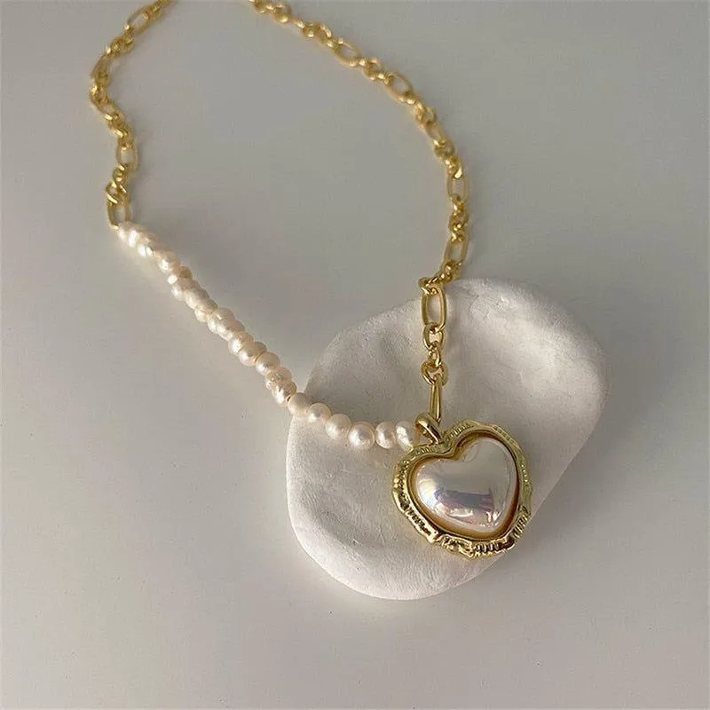 Freshwater Pearl Heart-shaped Pendant Necklaces Charm Jewelry YS0342