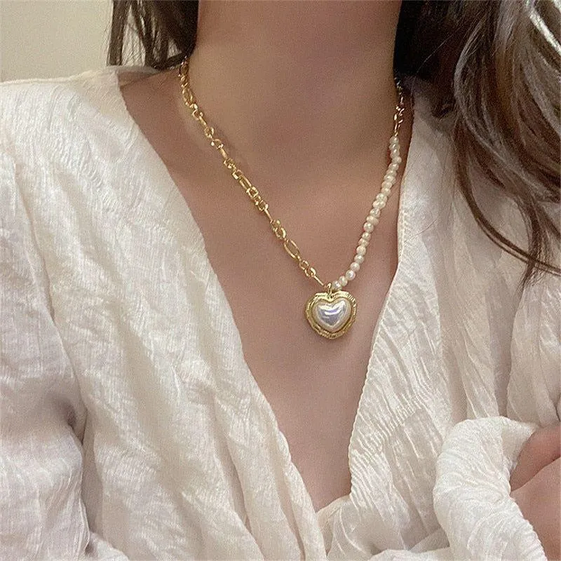 Freshwater Pearl Heart-shaped Pendant Necklaces Charm Jewelry YS0342