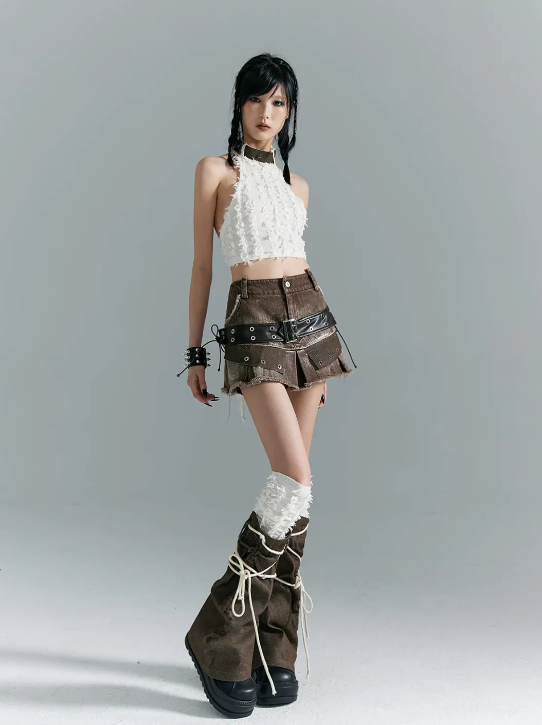 Frustration Garden Avant-Garde Platform Boots - Dark Brown Leather with Faux Fur Cuff and Rope Lacing