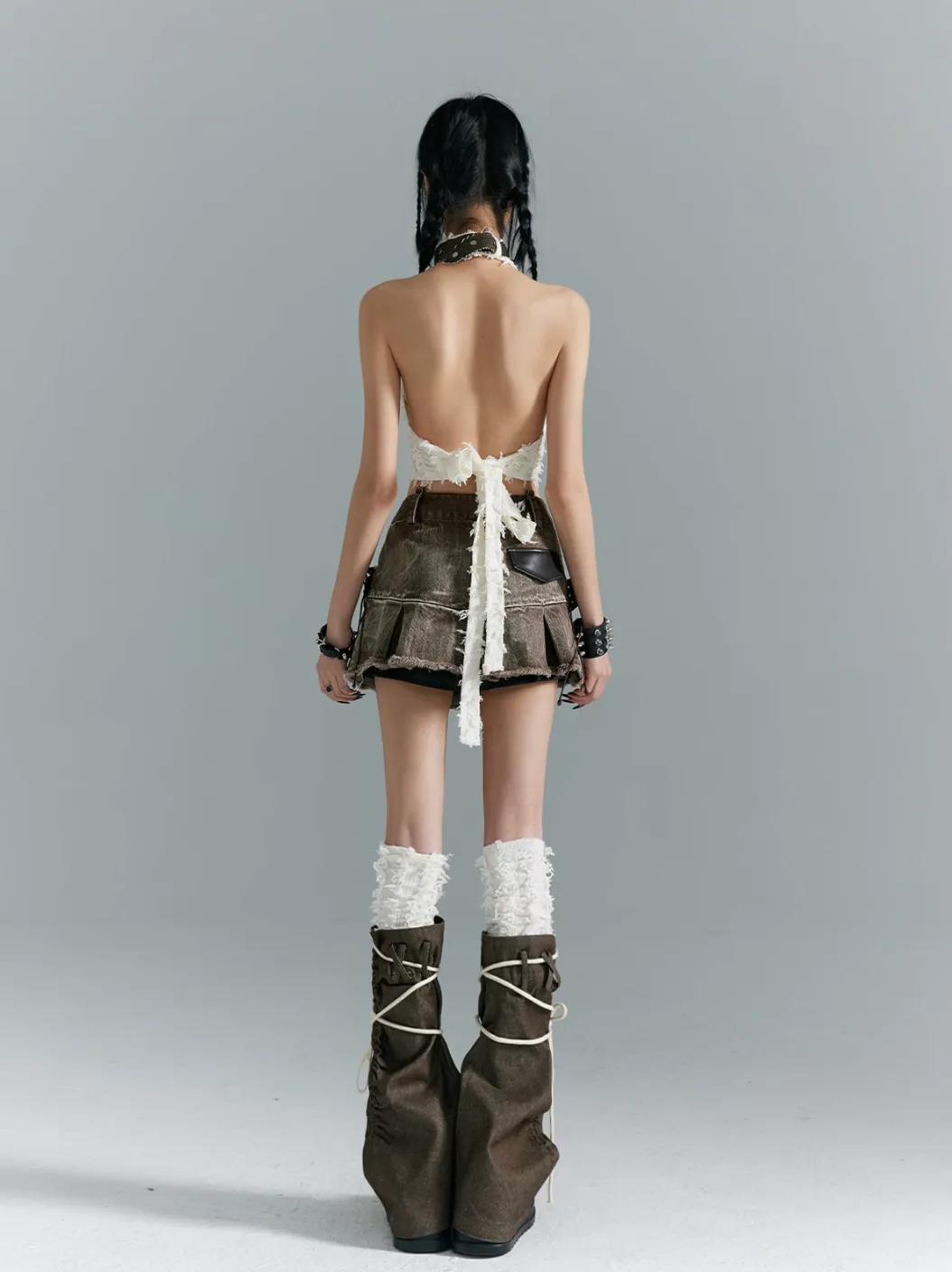 Frustration Garden Avant-Garde Platform Boots - Dark Brown Leather with Faux Fur Cuff and Rope Lacing