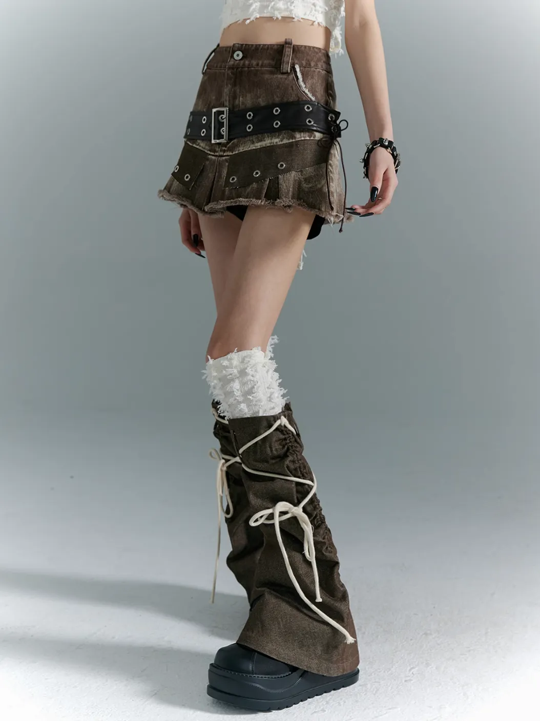 Frustration Garden Avant-Garde Platform Boots - Dark Brown Leather with Faux Fur Cuff and Rope Lacing