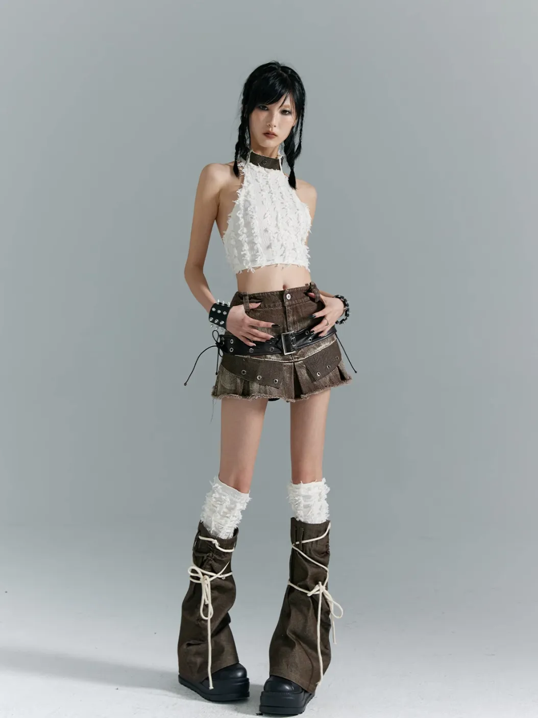 Frustration Garden Avant-Garde Platform Boots - Dark Brown Leather with Faux Fur Cuff and Rope Lacing