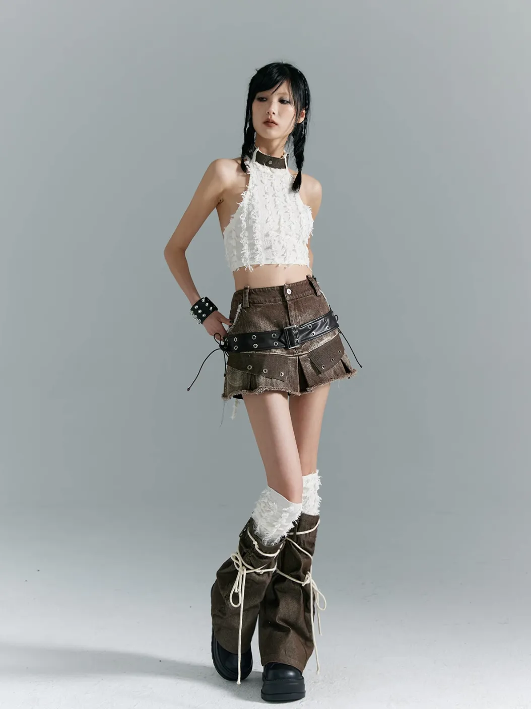 Frustration Garden Avant-Garde Platform Boots - Dark Brown Leather with Faux Fur Cuff and Rope Lacing