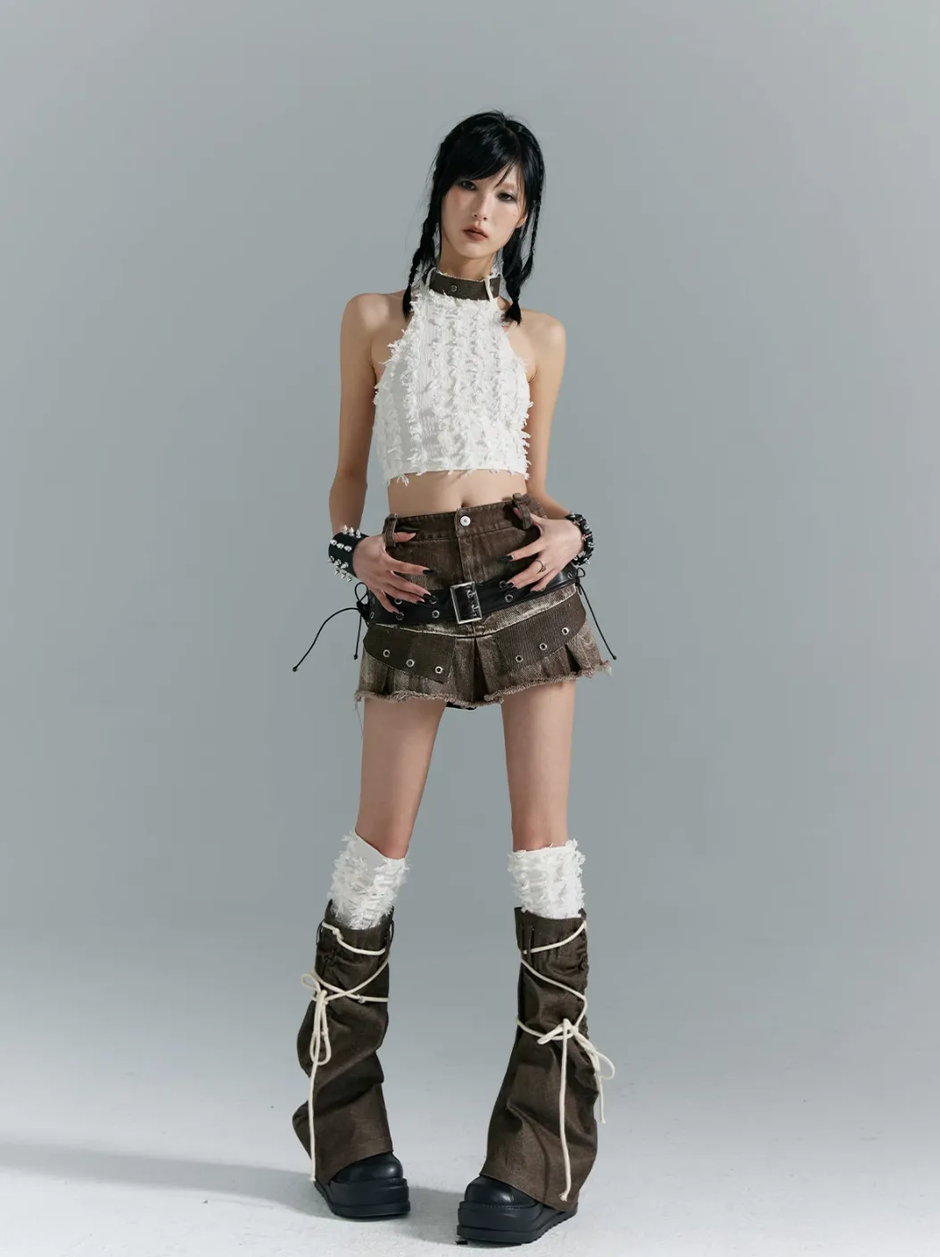 Frustration Garden Avant-Garde Platform Boots - Dark Brown Leather with Faux Fur Cuff and Rope Lacing