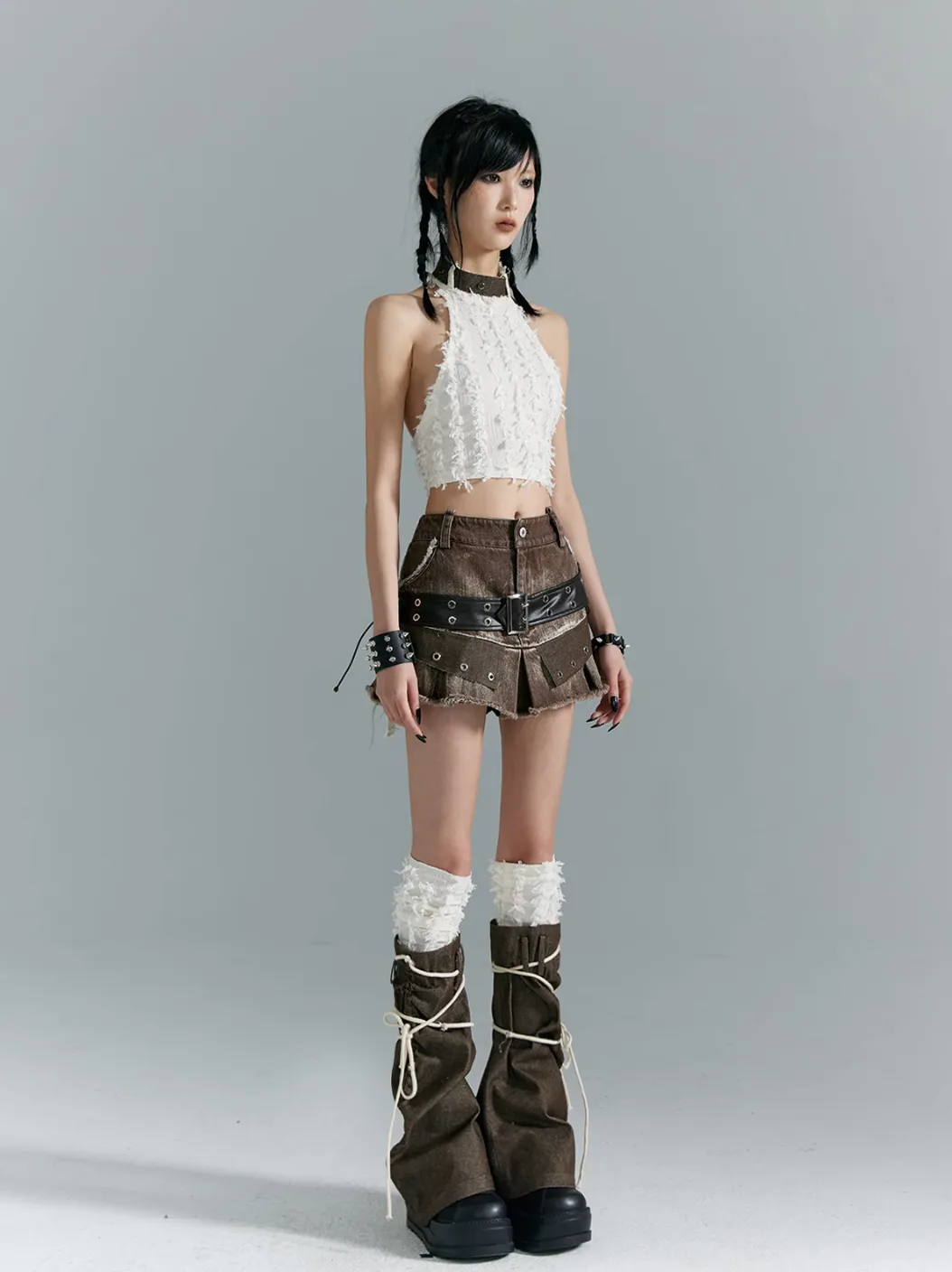 Frustration Garden Avant-Garde Platform Boots - Dark Brown Leather with Faux Fur Cuff and Rope Lacing