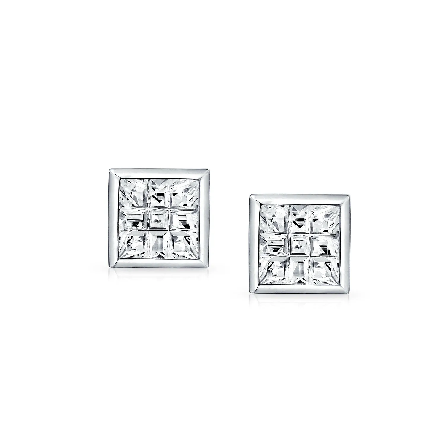 Geometric Round Square CZ Stud Earrings Bezel Set for Men Sterling Silver 5-10 MM