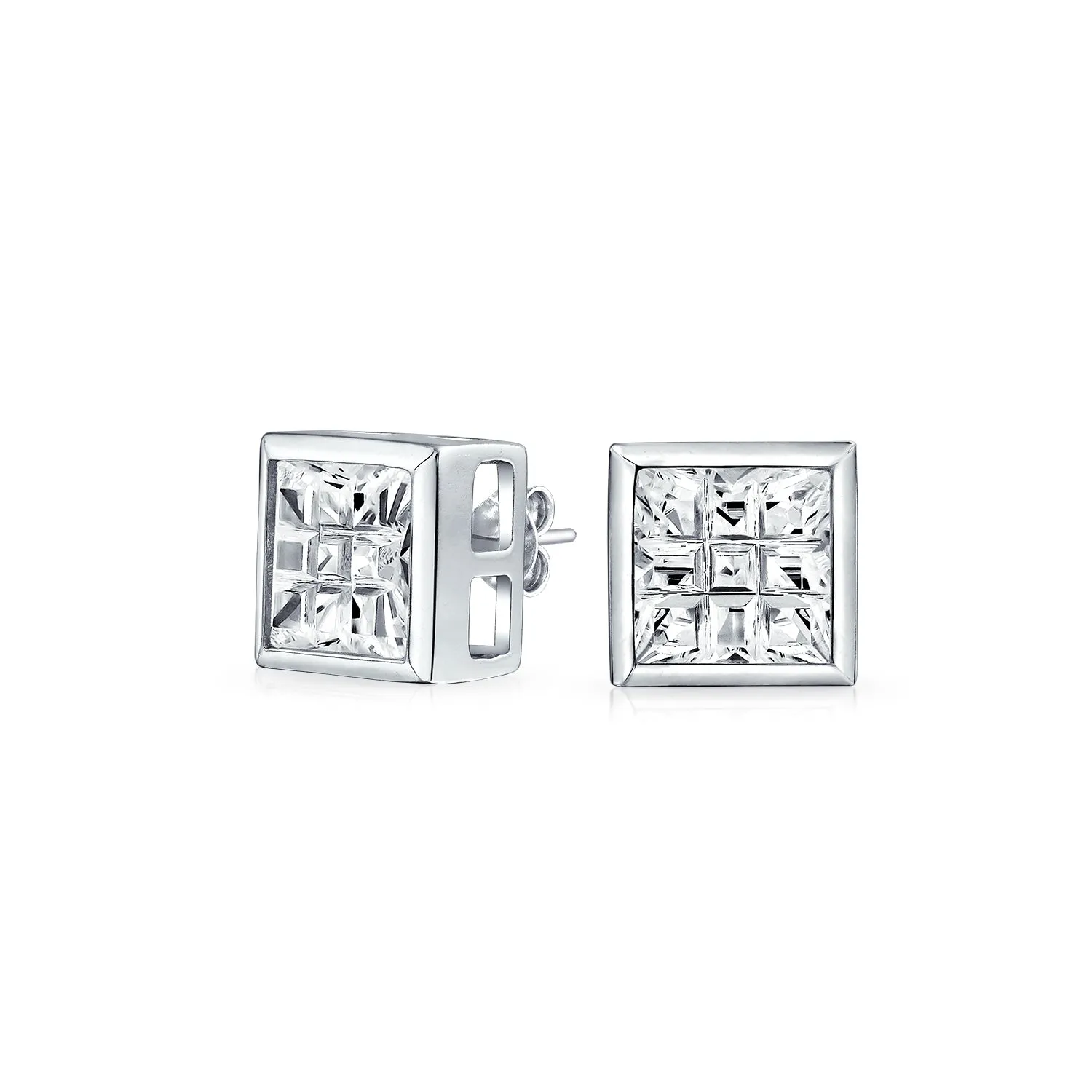 Geometric Round Square CZ Stud Earrings Bezel Set for Men Sterling Silver 5-10 MM