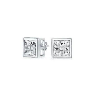 Geometric Round Square CZ Stud Earrings Bezel Set for Men Sterling Silver 5-10 MM