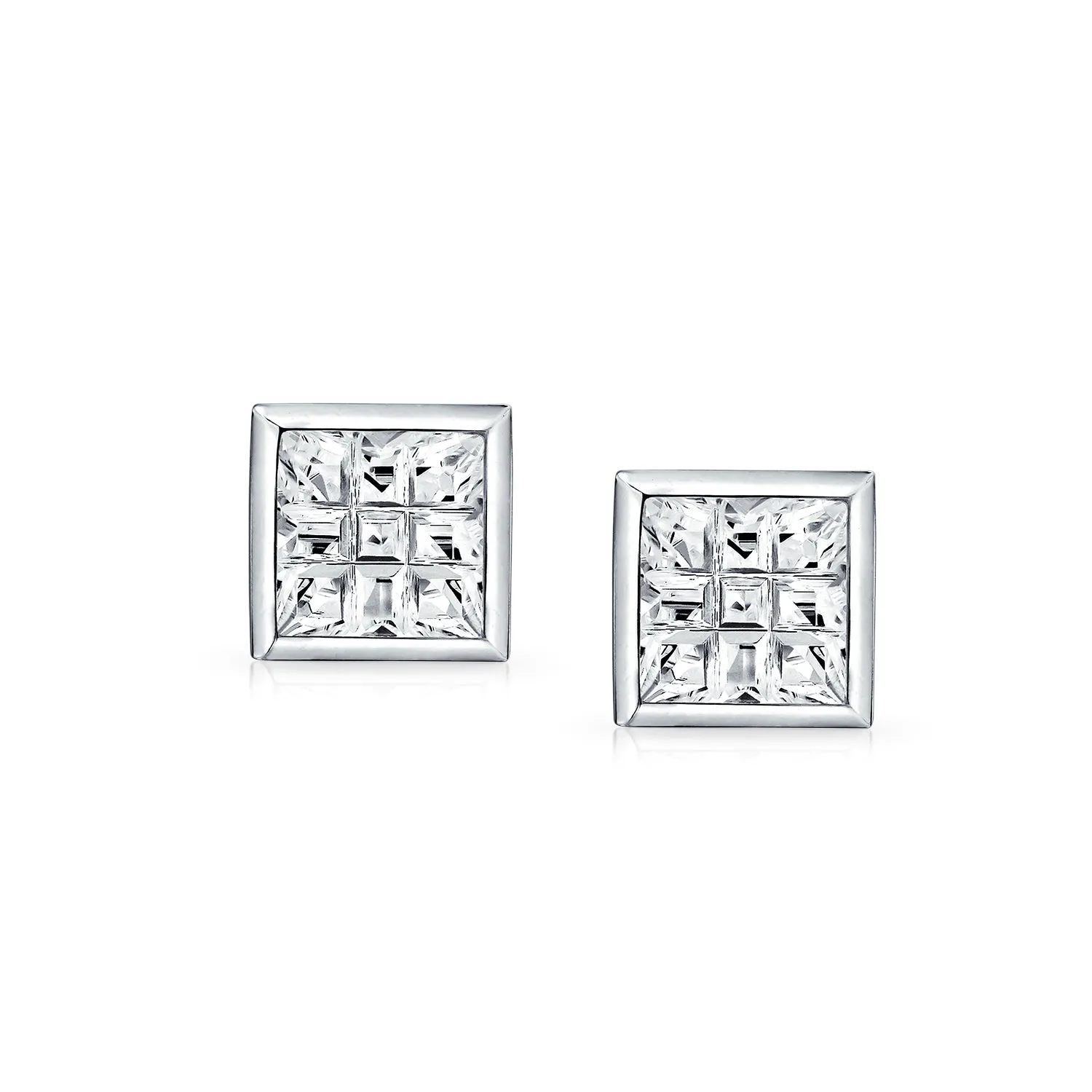 Geometric Round Square CZ Stud Earrings Bezel Set for Men Sterling Silver 5-10 MM