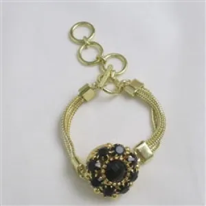 Gold Bangle Bracelet With Black Flower Motif  Accent