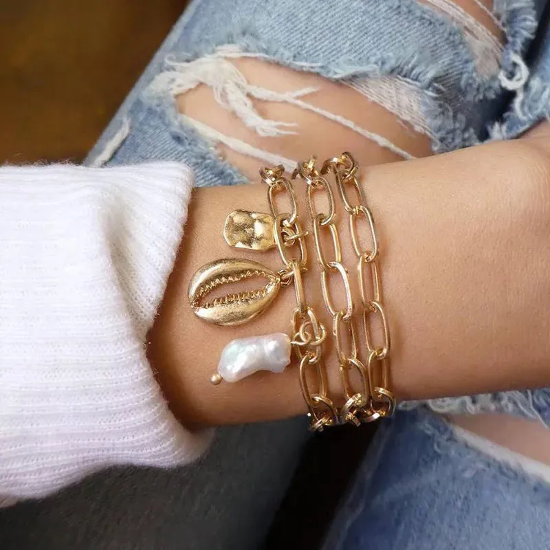 Gold Curb Chain Bracelets Set