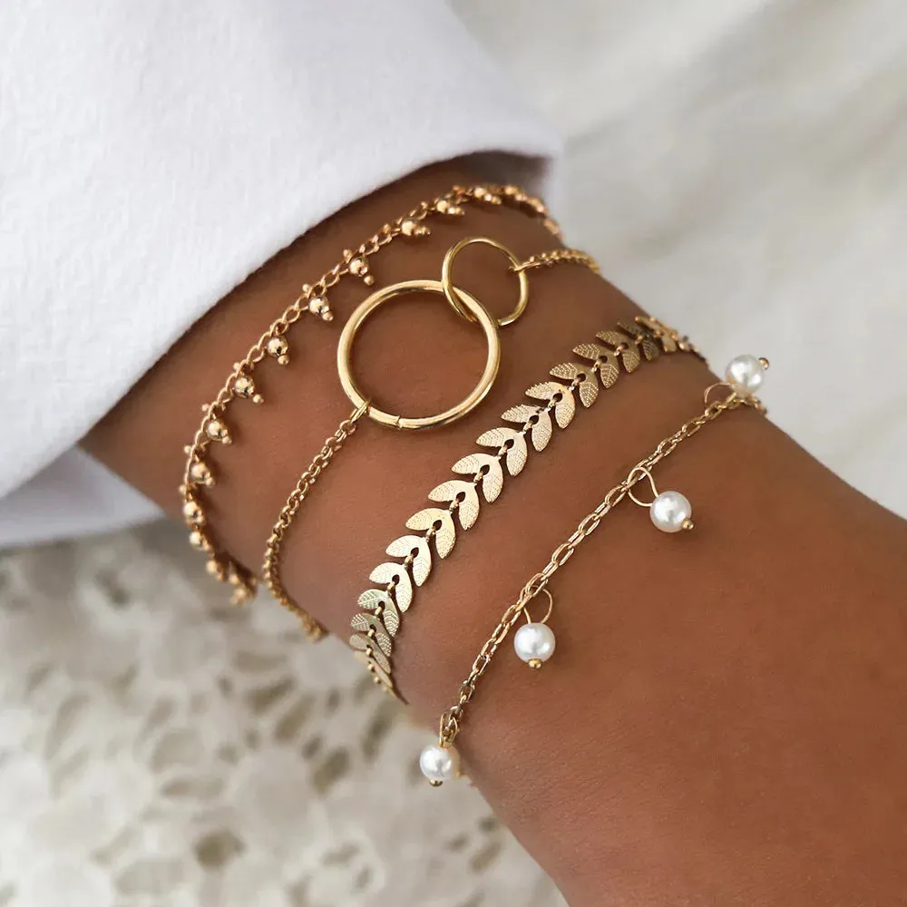 Gold Curb Chain Bracelets Set