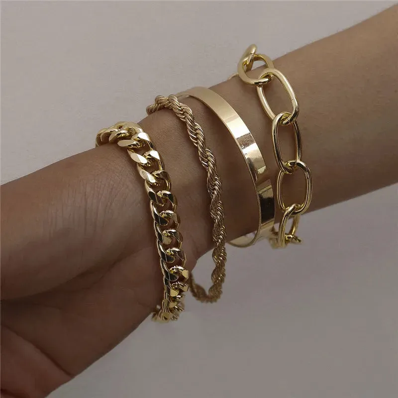 Gold Curb Chain Bracelets Set