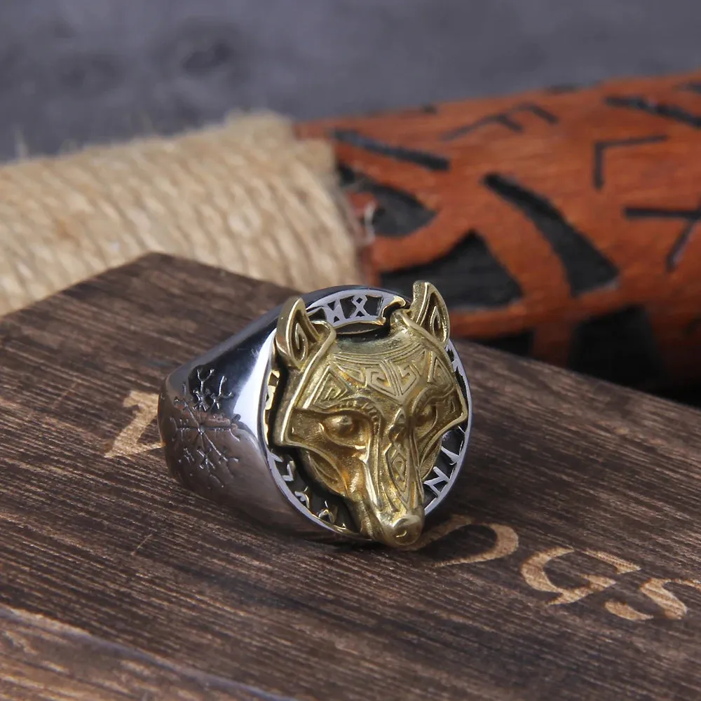 Gold Wolf Head Viking Ring