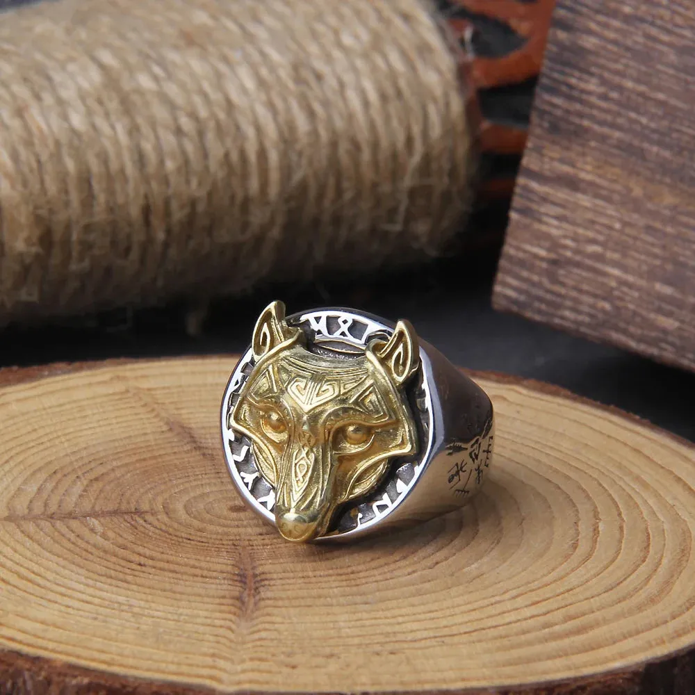 Gold Wolf Head Viking Ring