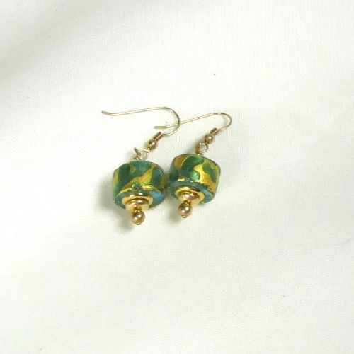 Green and Gold Artisan Bead Earrings