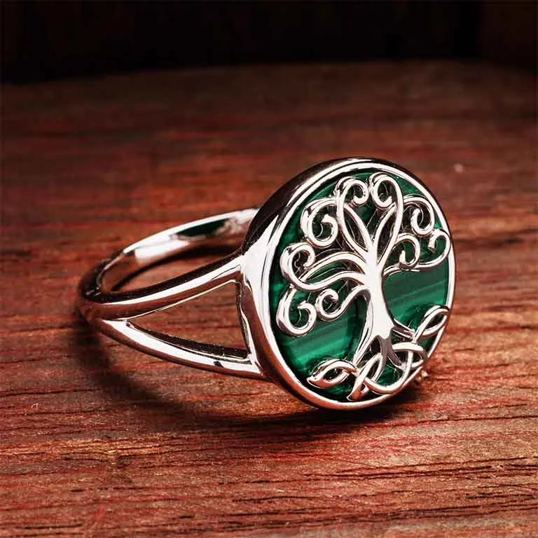 Green Malachite Sterling Silver Tree of Life Ring