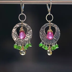 Hard Candy - Pink Sapphire and Peridot Hammered Silver Hoop Earrings