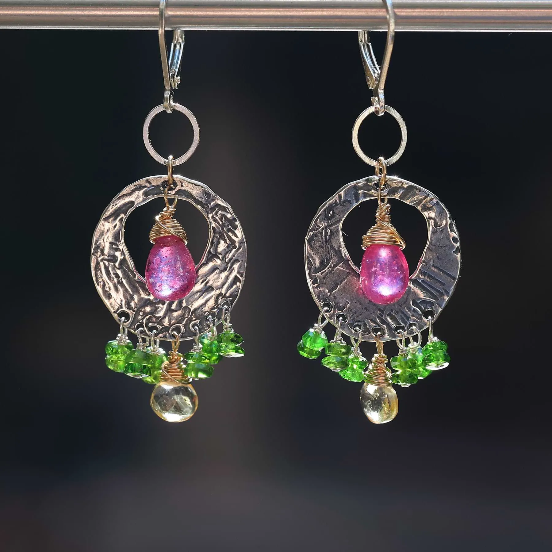 Hard Candy - Pink Sapphire and Peridot Hammered Silver Hoop Earrings