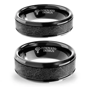 His & Her 6mm/8mm Black Brushed Two Grooved Tungsten Carbide Wedding Set