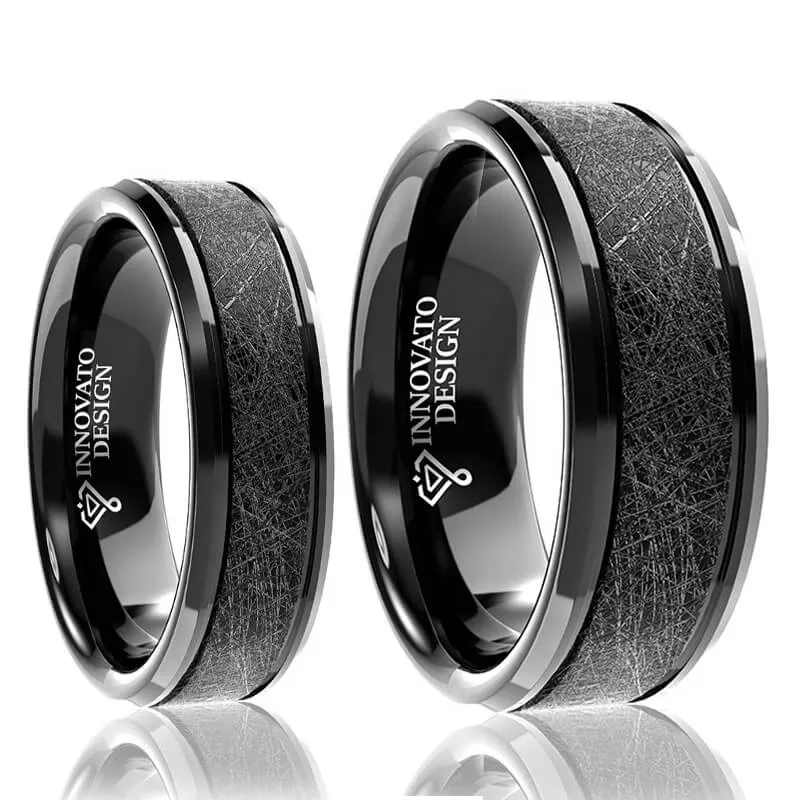 His & Her 6mm/8mm Black Brushed Two Grooved Tungsten Carbide Wedding Set