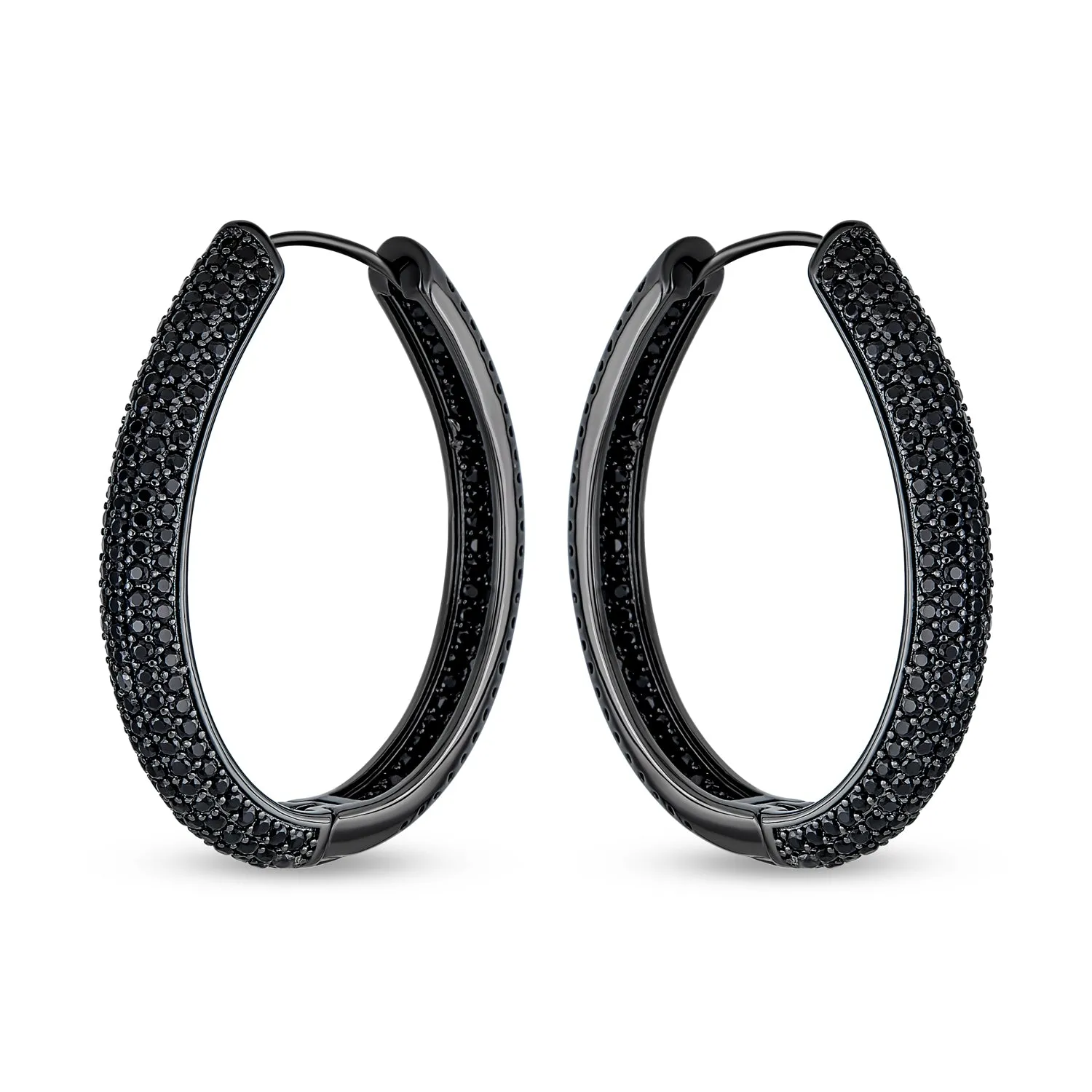 Holiday Party Black CZ Hoop Earrings Pave Wide Round or Oval Inside Out Design