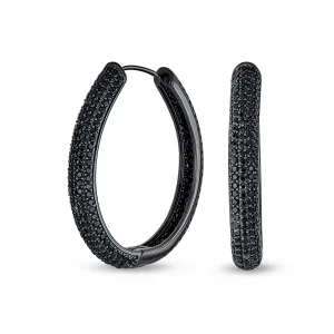 Holiday Party Black CZ Hoop Earrings Pave Wide Round or Oval Inside Out Design