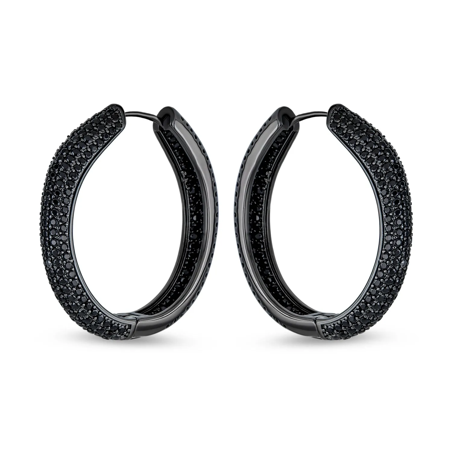 Holiday Party Black CZ Hoop Earrings Pave Wide Round or Oval Inside Out Design