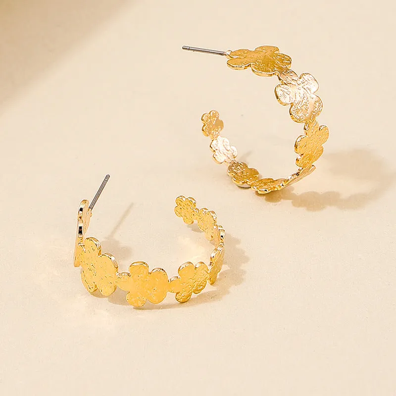 Korean Chic Circular Flower Earrings with Geometric Irregular Ear Buckle