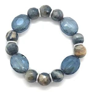 Labradorite Blue And Cream Glazed Agate With Oval Crystal Stretch Bracelet