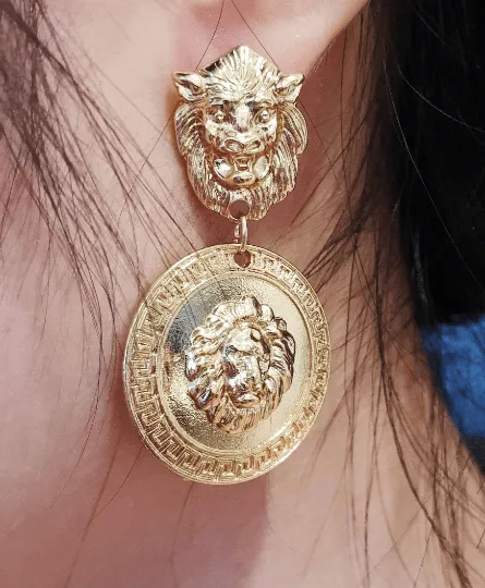 Lux - Gold earrings with gold coins |Gold Lion head earrings | korean earrings | baroque style earrings| Medallion shaped dangle earrings