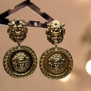 Lux - Gold earrings with gold coins |Gold Lion head earrings | korean earrings | baroque style earrings| Medallion shaped dangle earrings