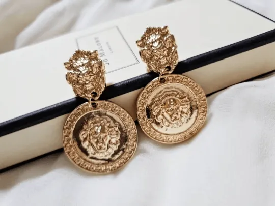 Lux - Gold earrings with gold coins |Gold Lion head earrings | korean earrings | baroque style earrings| Medallion shaped dangle earrings