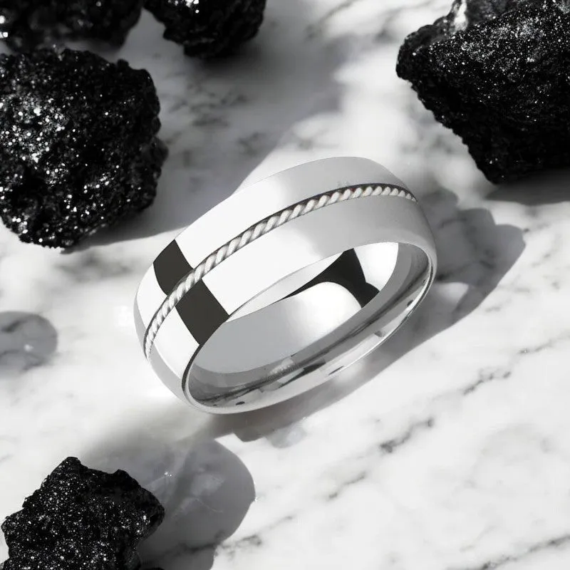 LYON | Silver Tungsten Ring, Braided Sterling Silver Inlay, Domed