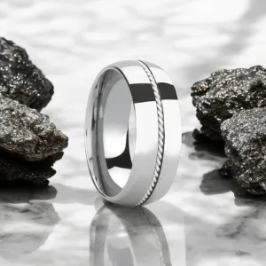 LYON | Silver Tungsten Ring, Braided Sterling Silver Inlay, Domed