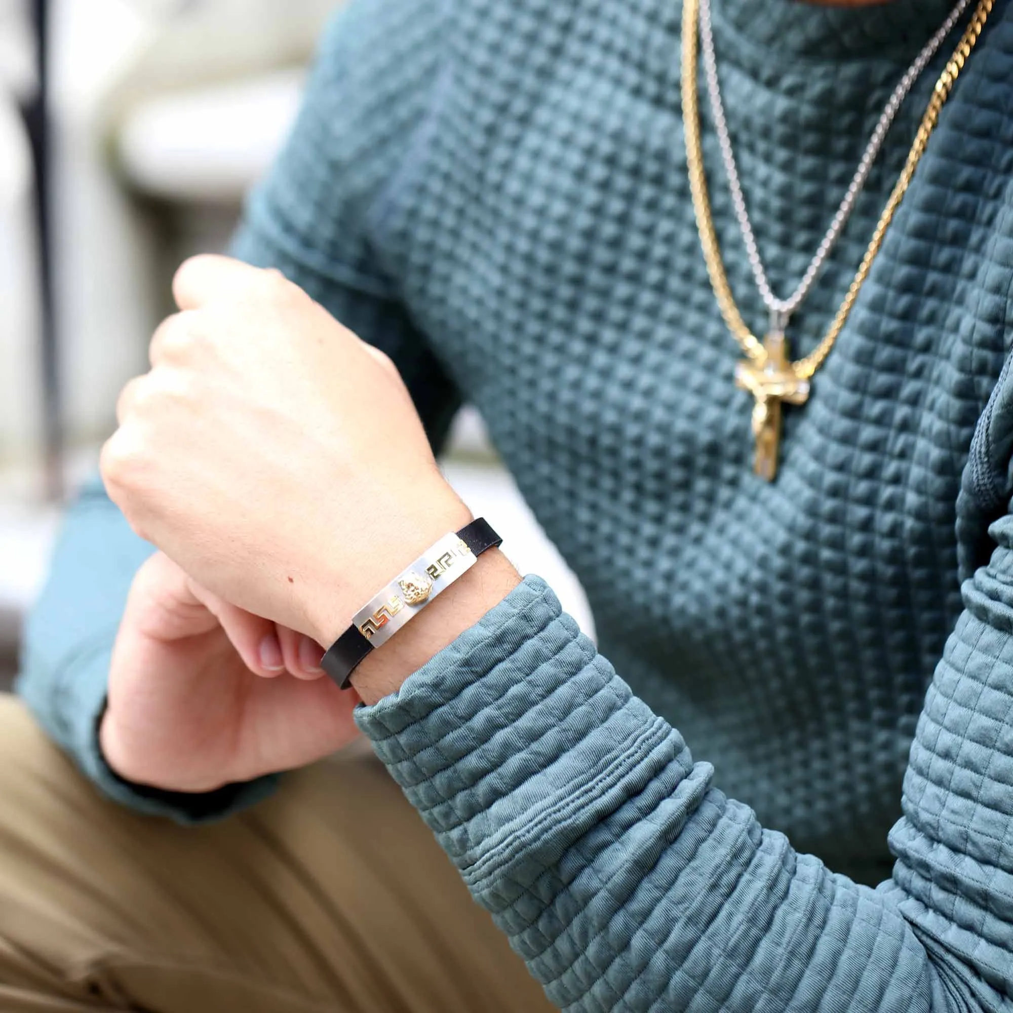 Medusa Stainless Steel and Leather Bracelet