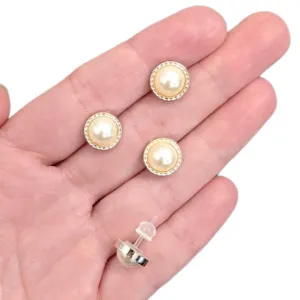 Minimalist Gold Rimmed Pearl Studs Hypoallergenic Earrings for Sensitive Ears Made with Plastic Posts