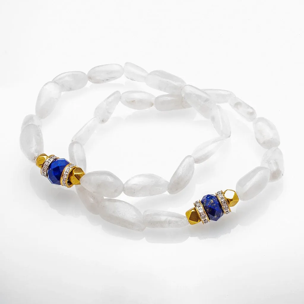 Moonstone, Lapis, 18K Gold Beaded, & Diamond Bracelet