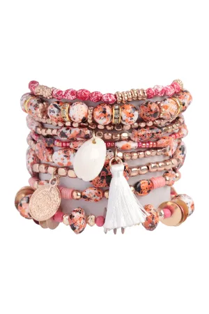 MULTI BEADS TASSEL, SHELL PENDANT LAYERED STACKABLE VERSATILE CHARM BRACELET